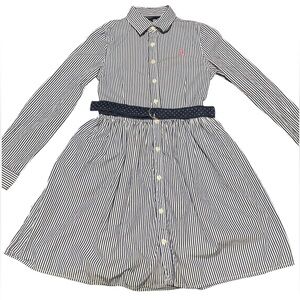 Polo Ralph Lauren Girls Size 12 Striped Navy & White Belted Button Shirt Dress